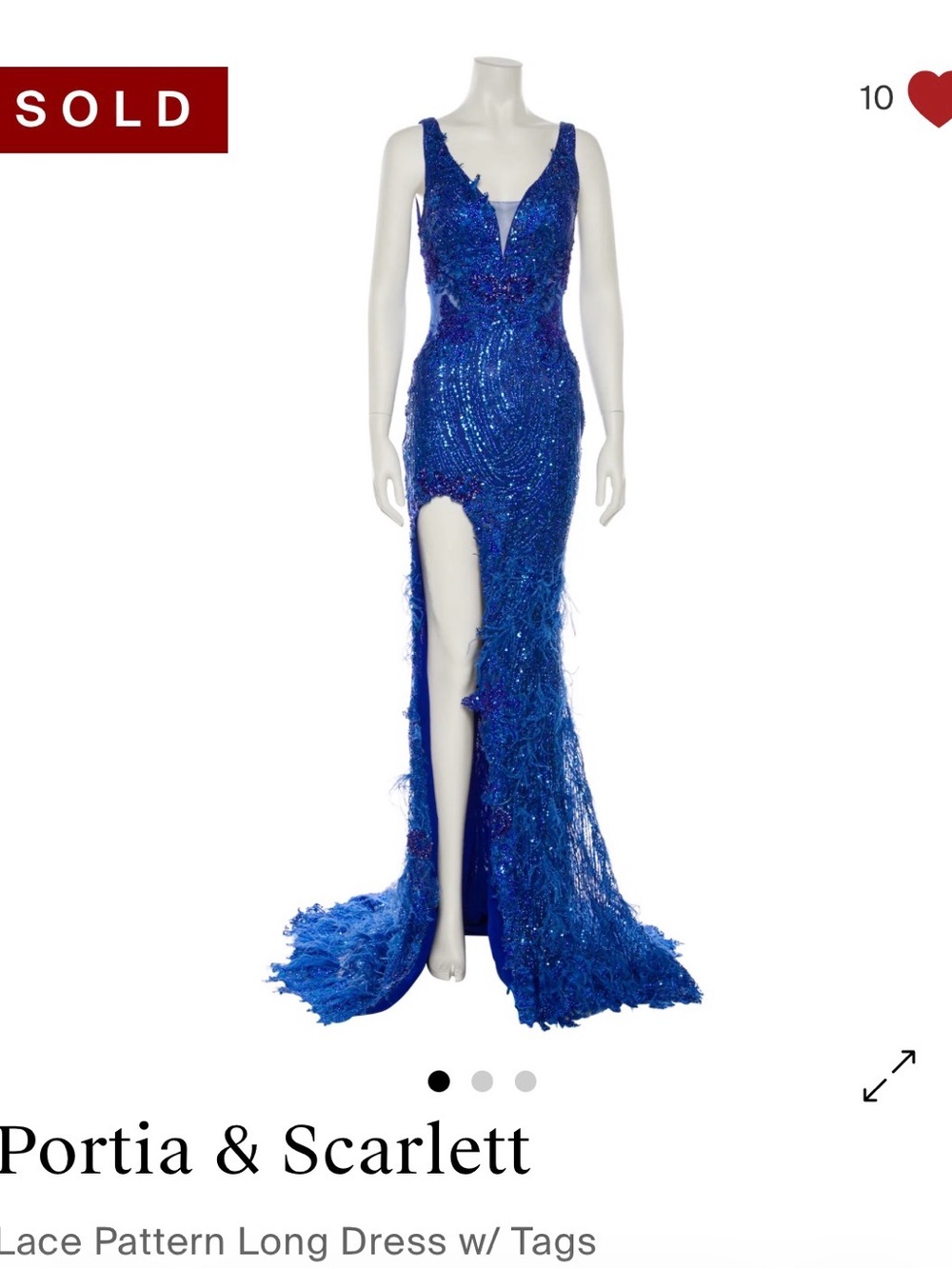 Portia and Scarlett Blue Lace Evening Gown with Feather Accents